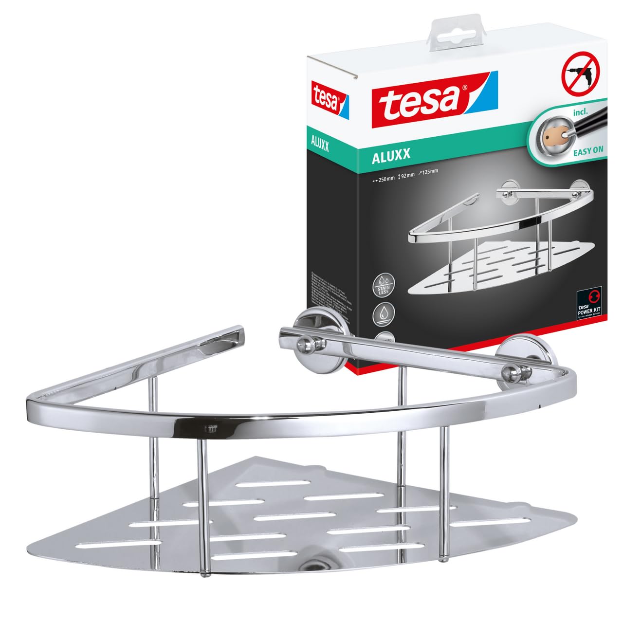 tesa Aluxx Corner Shower Caddy, high Gloss Chromed Aluminum, self-Adhesive, Adhesive mounting Technology, 92mm x 250mm x 125mm