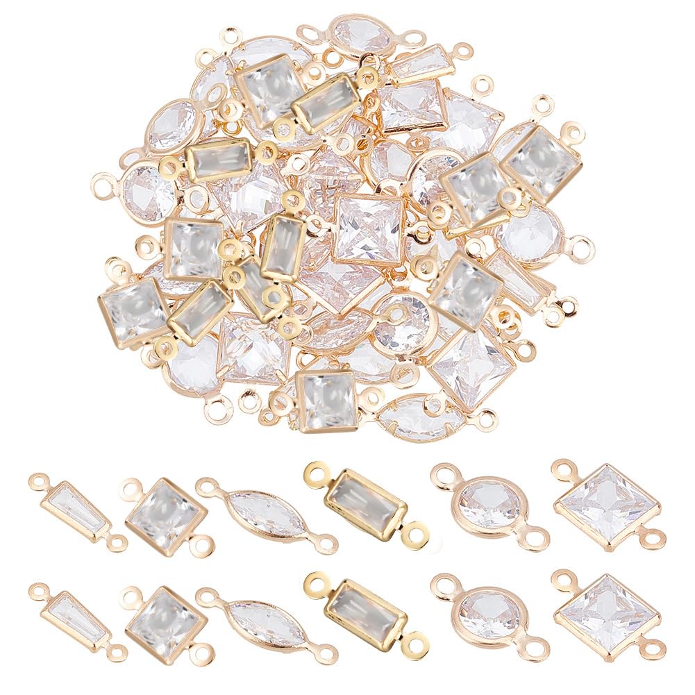 NBEADS 60 Pcs 6 Styles Brass Micro Pave Clear Cubic Zirconia Links, Oval Oval Horse Eye Connectors Clear Cubic Zirconia Charms for Jewelry Making