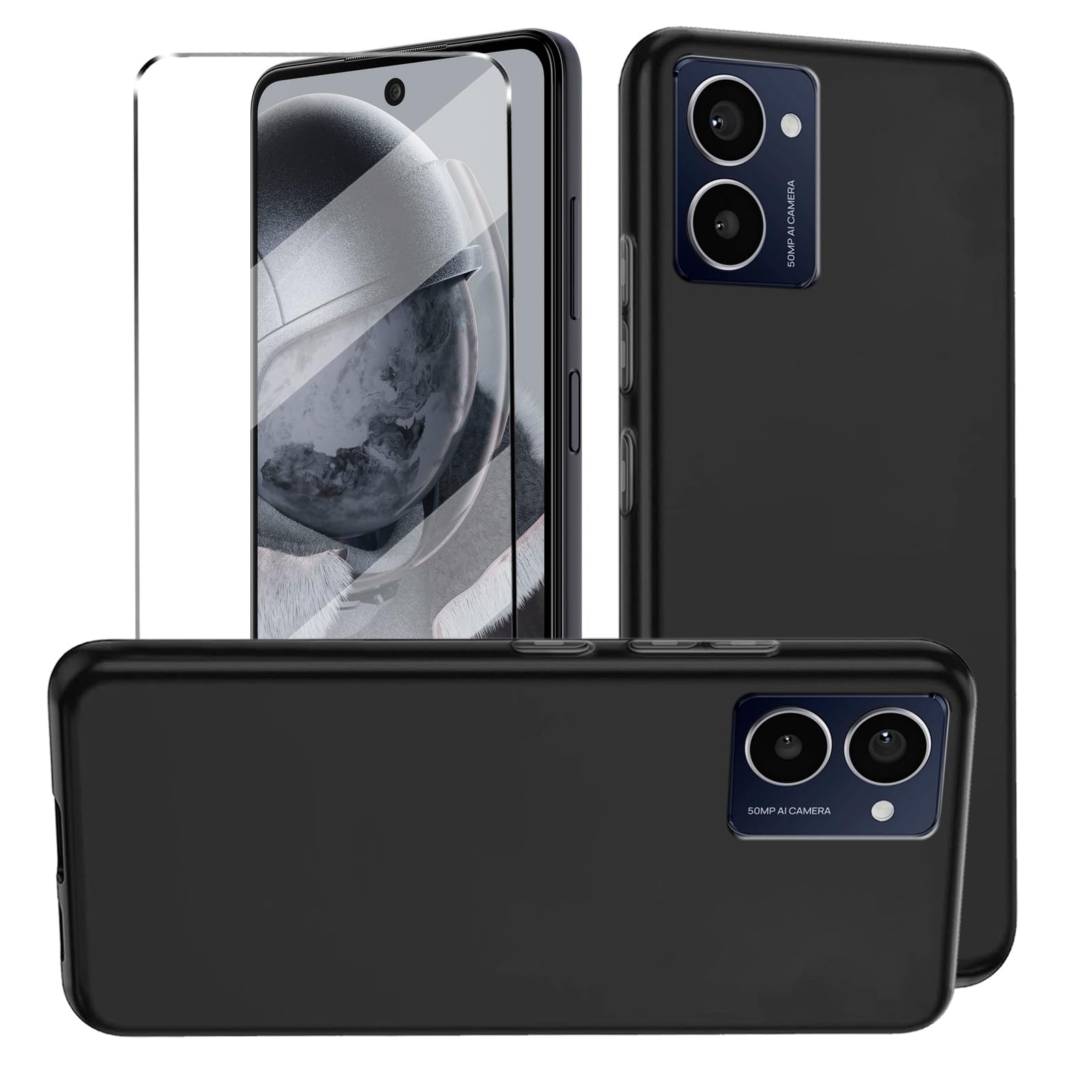 HuiYouMY 2-in-1 Case For HMD Pulse Pro/HMD Pulse Plus/HMD Pulse Cover with 1 Pack Tempered Glass Screen Protector Slim Fit Soft TPU Shockproof Anti-Scratch Phone Case Cover - Black
