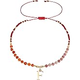 Frigotine Gold Beaded Natural Stone Initial Bracelet for Women, Boho Handmade Personalized A-Z Gemstone Beads Letter Name Adjustable Bracelets Christmas Party Accessories Jewelry Gift