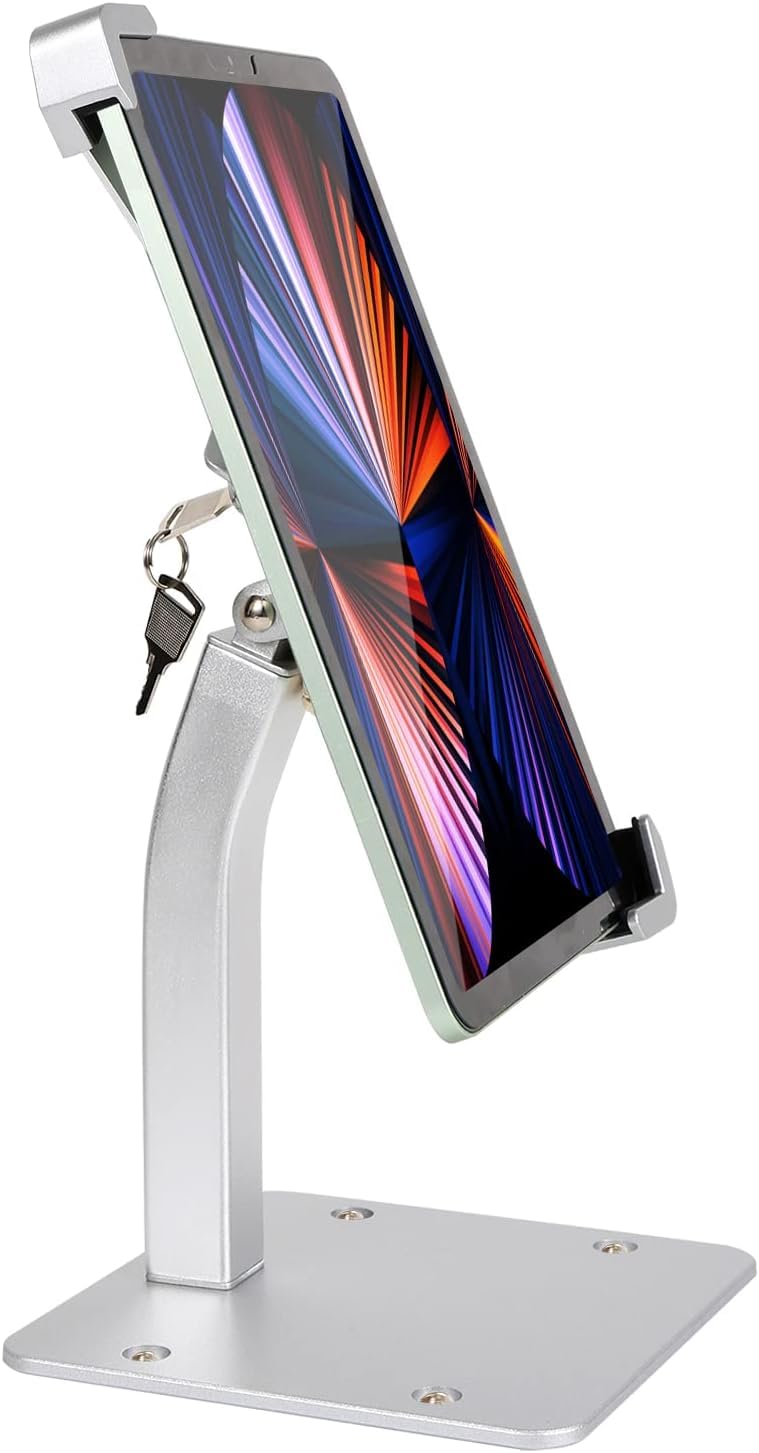 woleyi Desktop Tablet Holder with Anti Theft Lock and Key, Heavy Duty Aluminum Tablet Mount Stand for Security Kiosk Commercial for iPad Pro/Air/Mini, Galaxy Tabs, Surface, More 7-11" Tablets