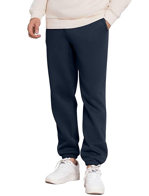PINSPARK Men's Fleece Sweat Pants Joggers Cuffed Sweatpants Warm Cotton Baggy Sweatpants with Waist Elastic Navy Blue