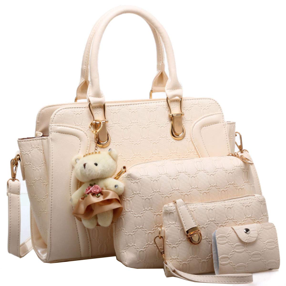 FiveloveTwo Women Ladies 4Pcs Handbag Set Tote Satchel Shoulder Bag PU Top Handle Bag Purse Clutch Card Holder with Bear Ornament Beige