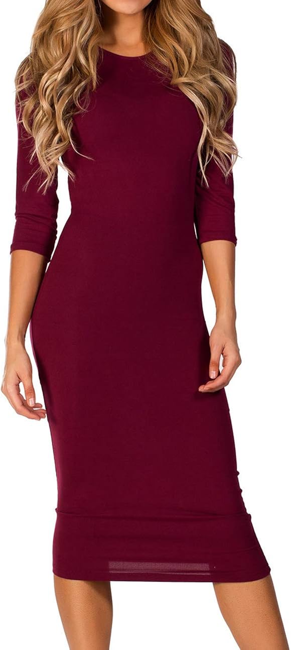ICONOFLASH Women's 3/4 Sleeve Bodycon Midi Dress Crew Neck Fitted Dresses with Plus Size Options