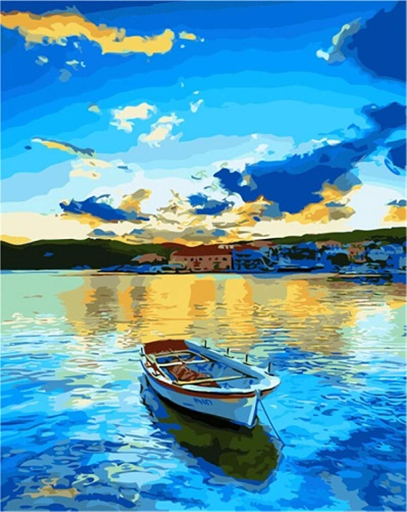 YEESAM ART Paint by Numbers for Adults Beginners Boat Blue Sky 16x20 inch Linen Canvas Acrylic DIY Number Painting Kits Wall Art Decor Gifts