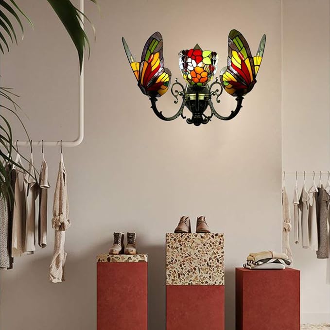 Triple Butterfly Sconce Tiffany Style Stained Glass Wall Light