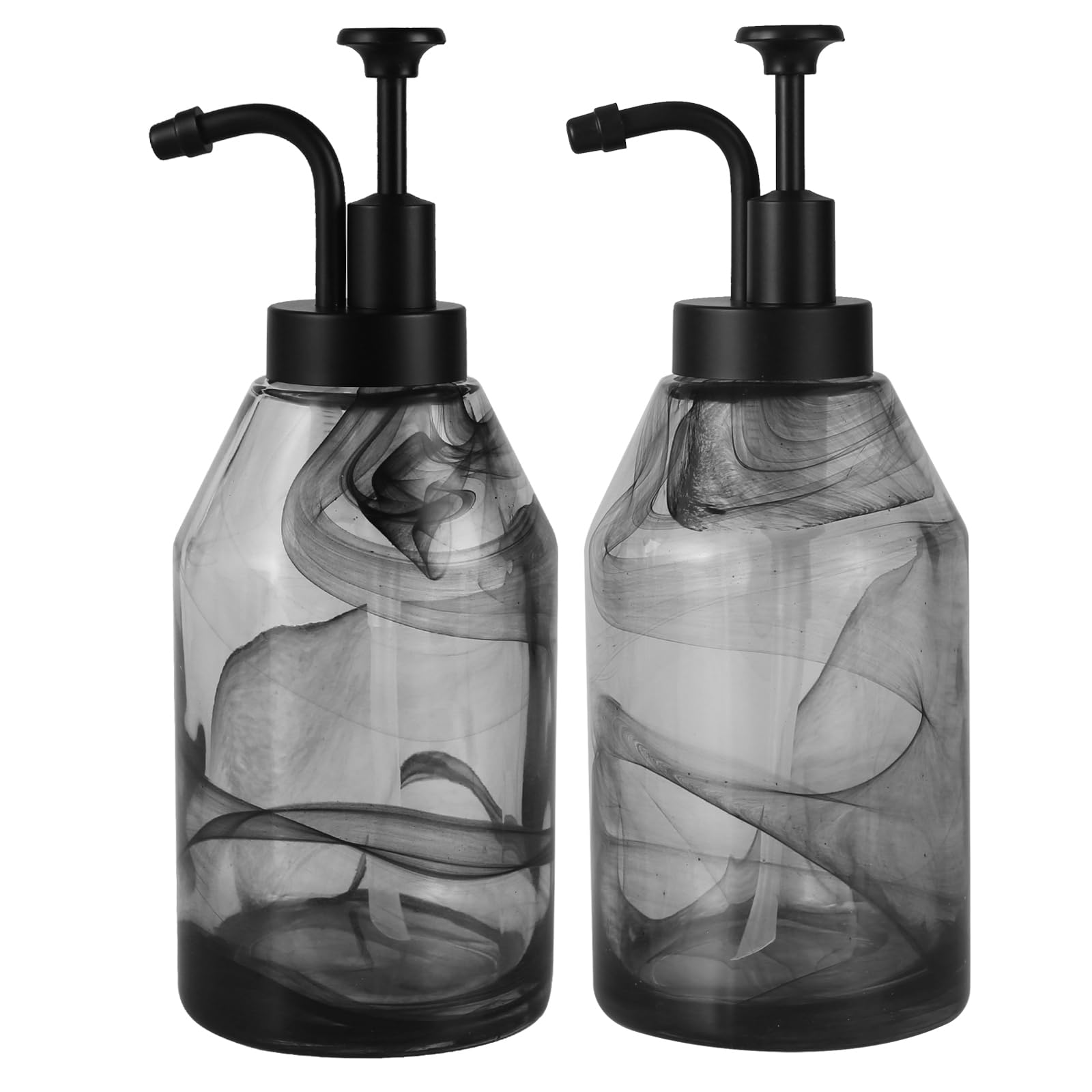 Suanti 2Pcs Black Smoked Glass Soap Dispenser Set with Smooth-action Pump for Bathroom&Kitchen Decor,Luxury Thick Marble Glass Soap Bottle for Liquid Hand Dish Soap,Lotion,Coffee Syrup-12.5 oz