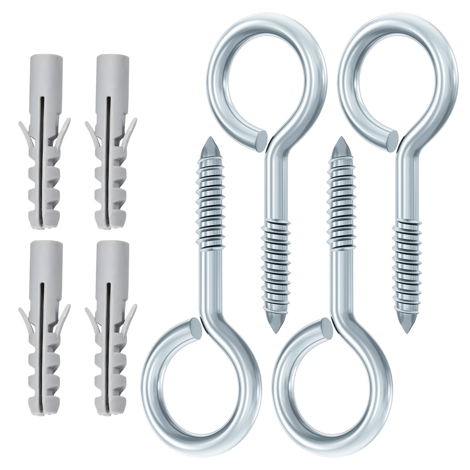 4Pcs Heavy Duty Screw Eyes 5 Inch Hook With 4 Plastic Wall Plugs for Securing Hammock, Garden Plant, Swing Chair, Kayak, Fixed Cable - Outdoor Metal Eyelet