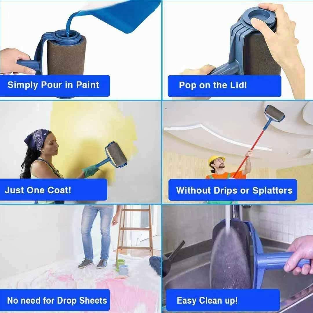 Paint Roller Kit, 9PCS DIY Wall Printing Brush kit with Paint Runner Pro Brush, Wall Printing Brush, 3 Telescopic Poles for House, School & Office Wall, Ceiling - - 