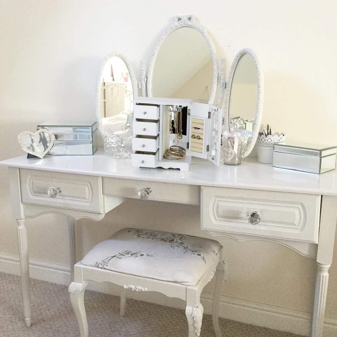 Jewelry Box - Made of Solid Wood with 4 Drawers Organizer and Built-in Necklace Carousel and Large Mirror White: Home Improvement