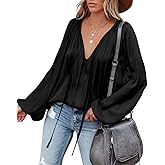 LAMISSCHE Womens Sexy Deep V Neck Blouse Lantern Long Sleeve Chiffon Shirt Oversized Drawstring Silk Satin Tunic