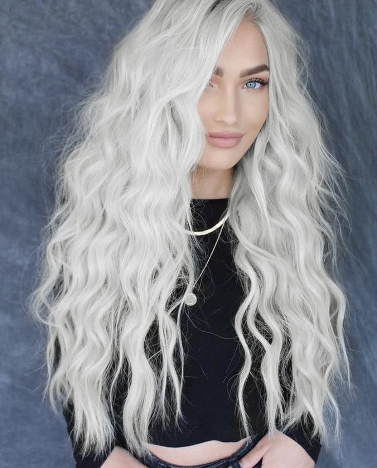 PORSMEER Long Wavy Women's Middle Part Fluffy Curly Wig - Natural Looking Synthetic Heat Resistant Fiber Wigs for Daily Party Use (White) — image 1