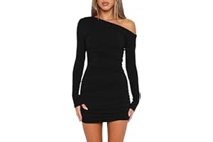 Mokoru Women's Sexy Elegant Off Shoulder Long Sleeve Ruched Bodycon Cocktail Party Mini Dresses