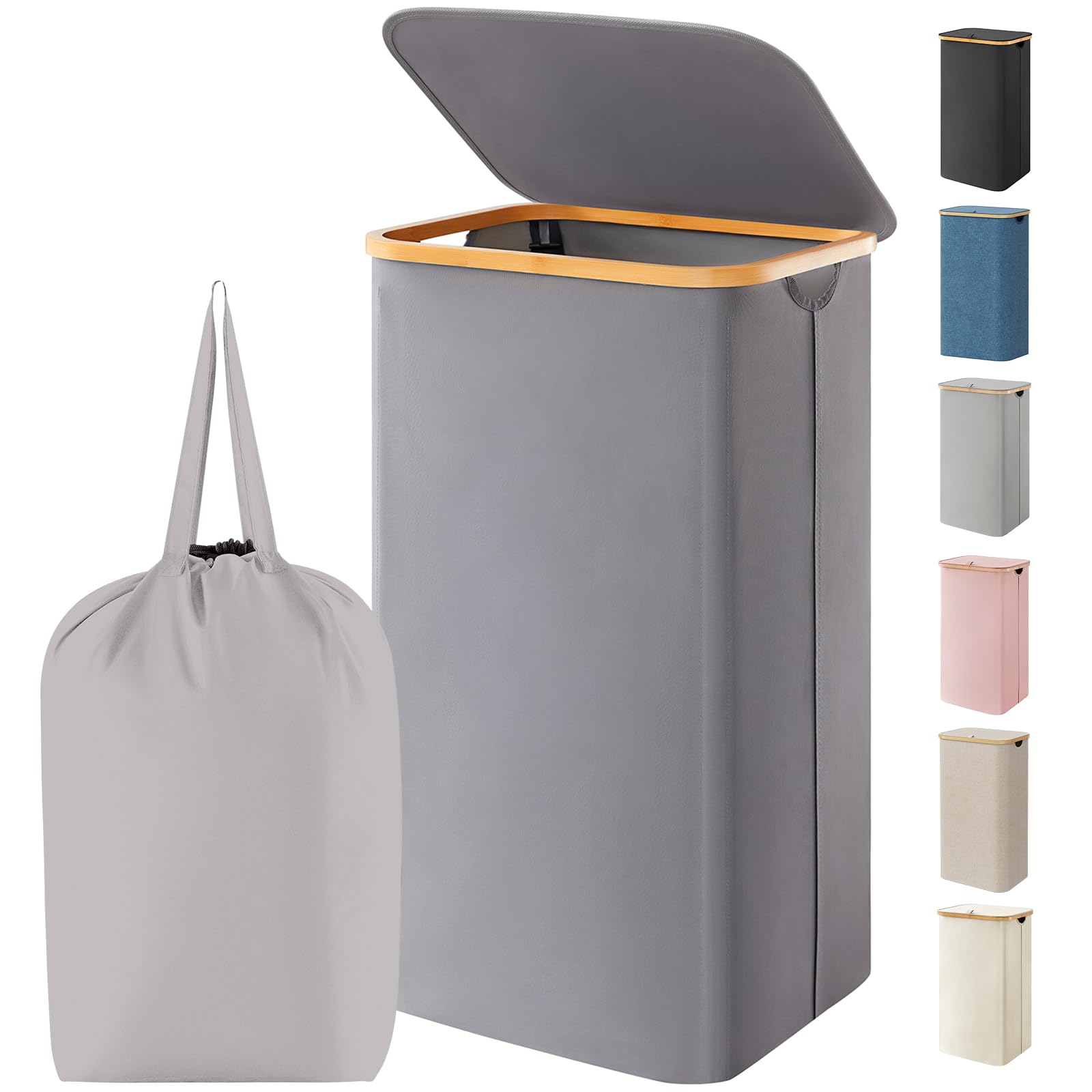 Lifewit 100L Laundry Basket with Lid, Dirty Clothes Bin with Bamboo Handles and A Removable Bag, Large Foldable Washing Basket for Bedroom, Bathroom, Dorm, Laundry Room, Grey — image 1
