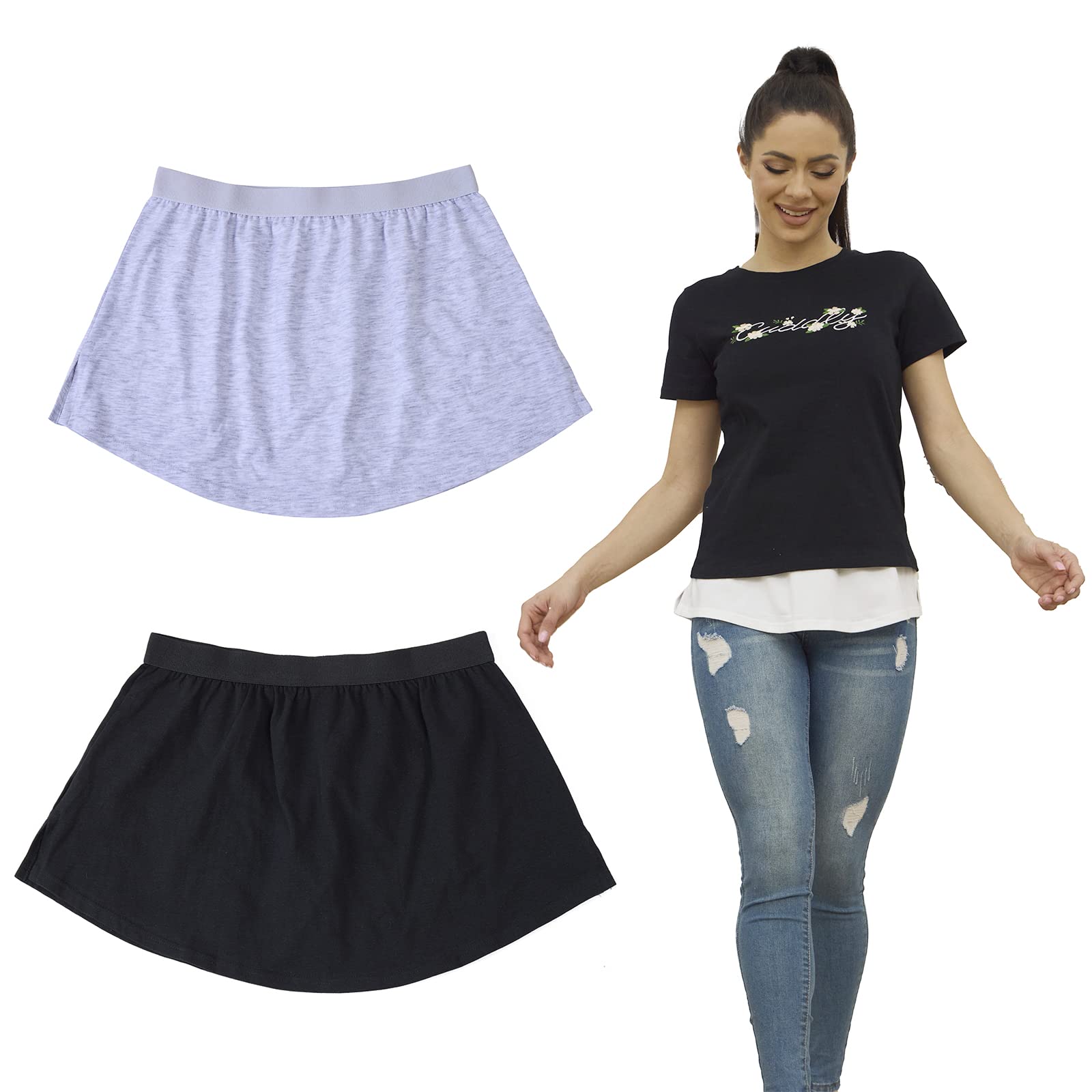 Photo 1 of 2Pcs Shirt Extender for Women Layering Leggings Adjustable Fake top Lower Sweep Shirt Half Length Skirt (Black/Grey Melange, L)