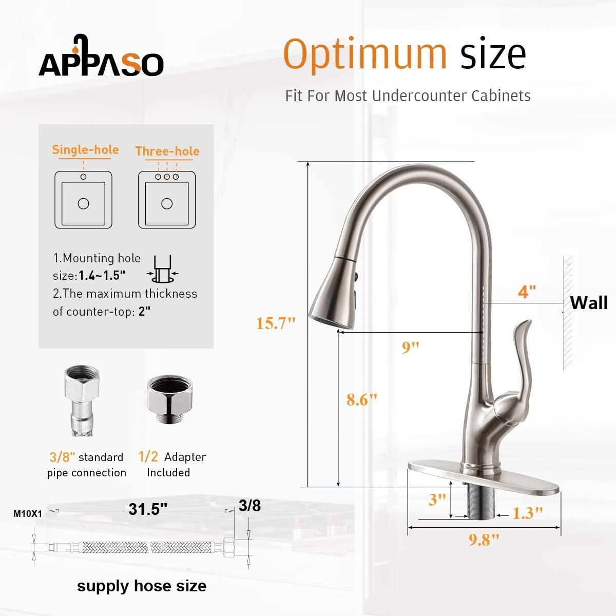 Patented Kitchen Faucet with Pull Down Sprayer and Soap Dispenser - Single Handle Stainless Steel Brushed Nickel High Arc Pull Out Kitchen Sink Faucets with Deck Plate, APPASO - - 
