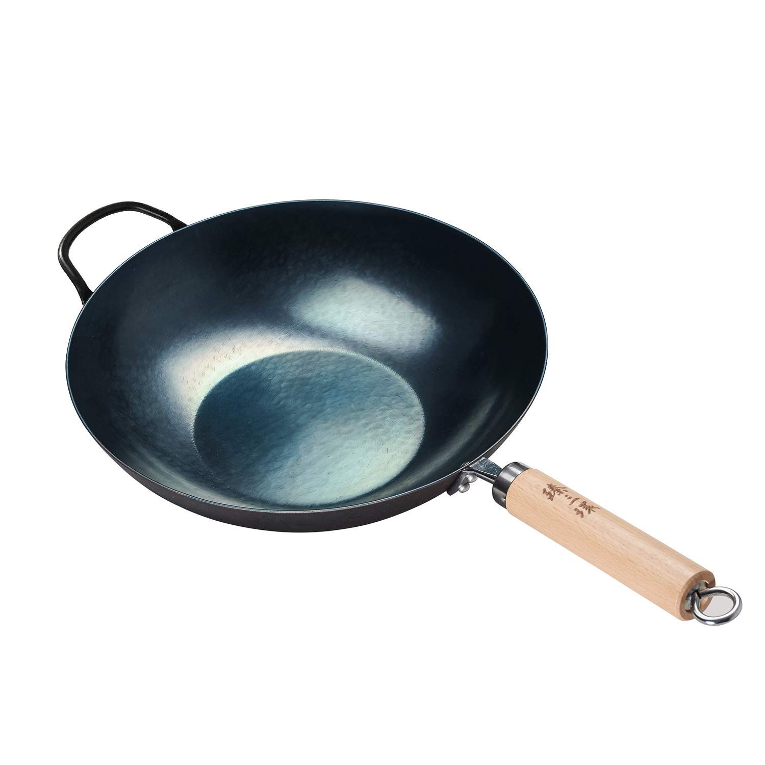 ZhenSanHuan HandHammered Iron Wok Flat Bottom Induction Suitable (WoodHandle with Help)