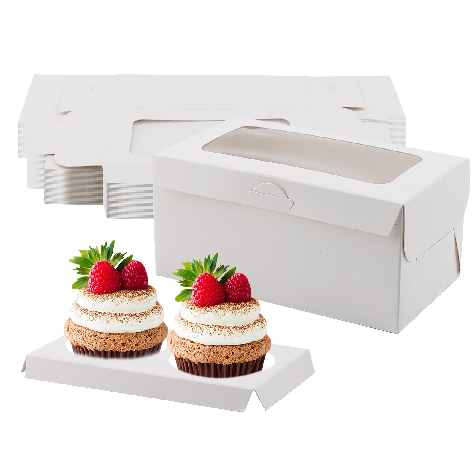 MUKCHAP 30 PCS 2 Hole White Cupcake Boxes, Cupcake Carrier Holder Bakery Boxes with Windows for Cookies Muffins