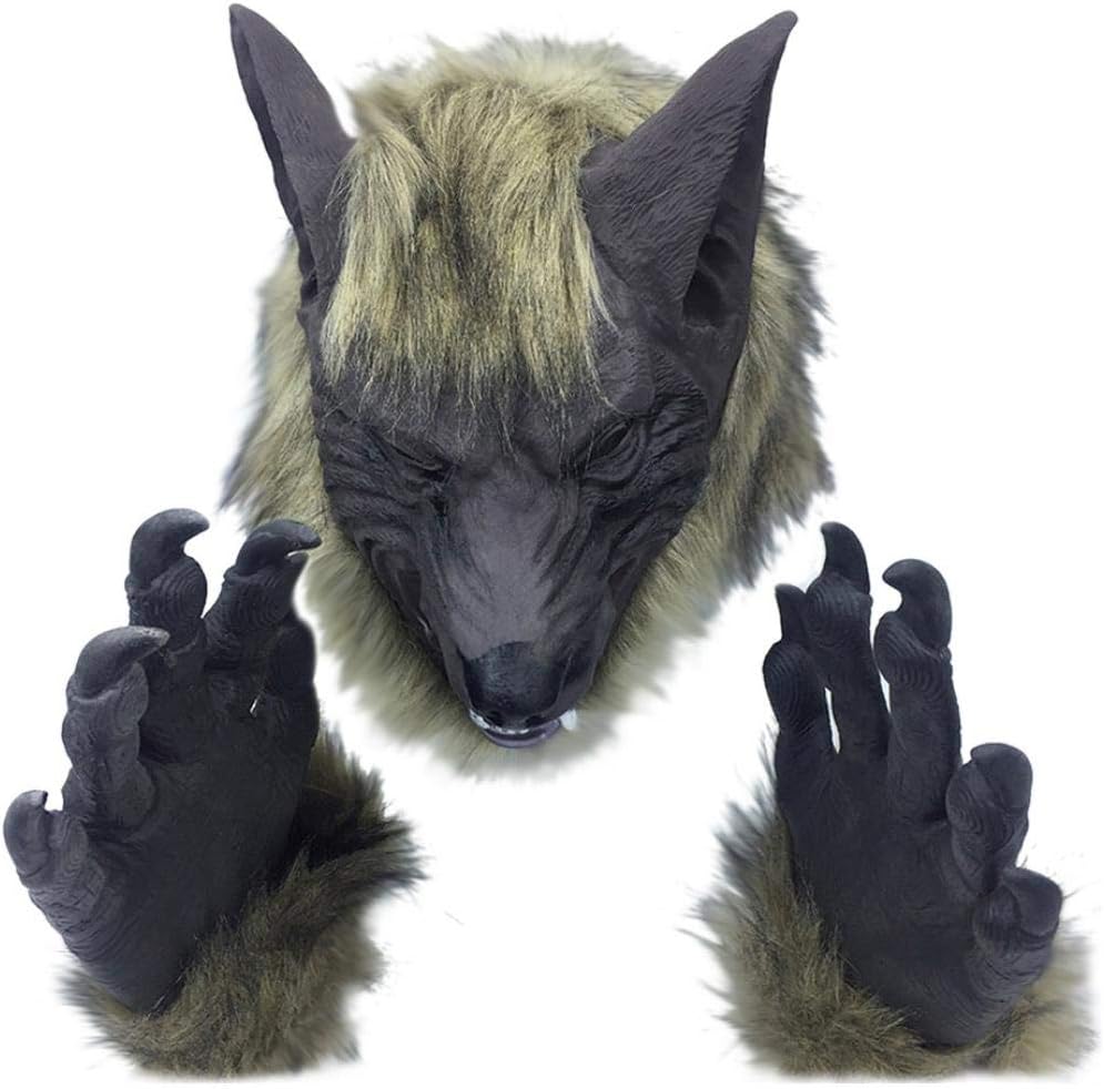 XILALU Horror Animal Head Mask, Halloween Creepy Tiger Wolf Furry Latex Headgear Party Cosplay Costume Props Toy