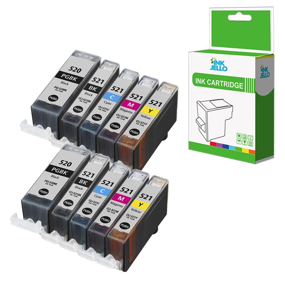 InkJello Ink Cartridge For Printer, Compatible With Canon Pixma iP3600 iP4600 iP4700 MP540 MP550 MP560 MP620 MP630 MP640 MP980 MP990 MX860 MX870 PGI-520/CLI-521 (BK, C, M, Y, 10-Pack)