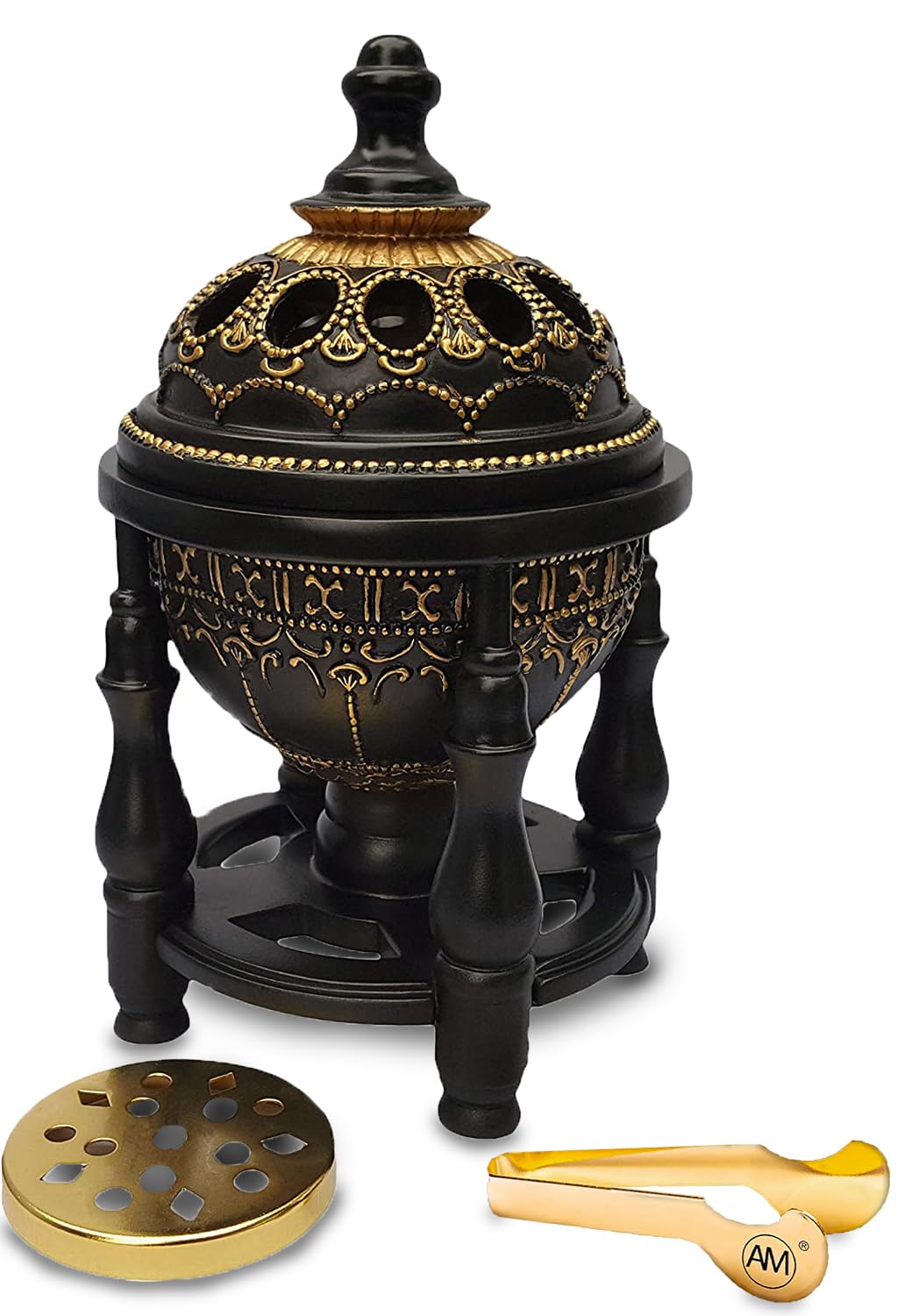 AM 4P Charcoal Incense Burner - Black & Gold Resin Holder for Aromatherapy & Oud – Luxury Zen Home Decor – Heat Resistant Ash Tray