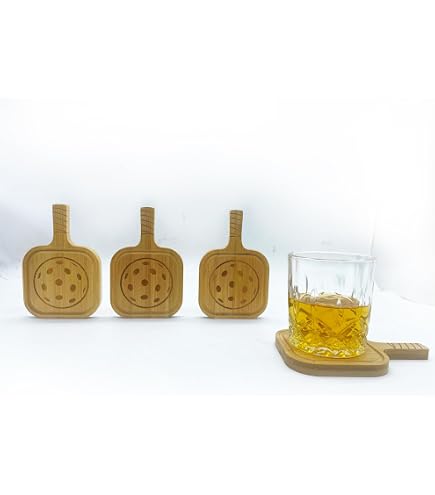 4 Pack Pickleball Wooden Coasters - Bamboo Drink Coasters For Pickleball Fans
