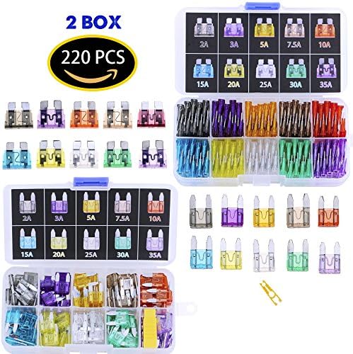Blade Car Fuses Assortment Kit 220PCS -Standard & Mini (2A/3A/5A/7.5A/10A/15A/20A/25A/30A/35A) ATO / APR / ATC Fuse Car Kit Assorted Auto Truck Boat Truck SUV Automotive Replacement Fuses Puller