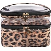 FITINI Makeup Bags Leopard Double Layer Travel Storage Cosmetic Cases Make up Organizer Toiletry Bags Water-resistant for Women Makeup Brush Bag