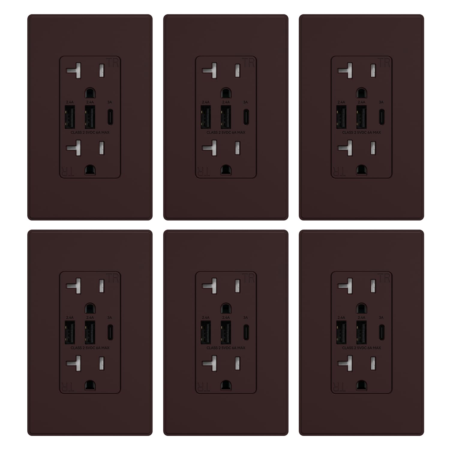 ELEGRP USB Outlets Receptacles, 3-Port Wall Outlet, 30W 6.0A Electrical Outlet, 20 Amp Tamper-Resistant Outlet with Type C Ports, UL Listed, Wall Plate Included, 6 Pack, Matte Brown Image