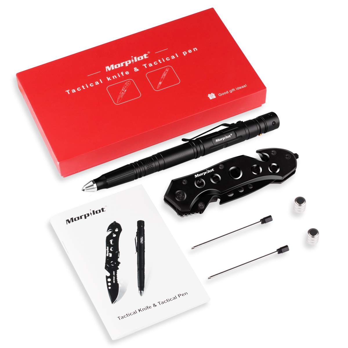 Set di Coltello Pieghevole e Penna Tattica, Coltello Tattico 5 in 1, Penna Multifunzione 7 in 1 con torica 80LM Morpilot Pieghevole 110mm, Acciaio inossidabile, Portatile e Confortevole, 2 Batterie Incluse, Nero