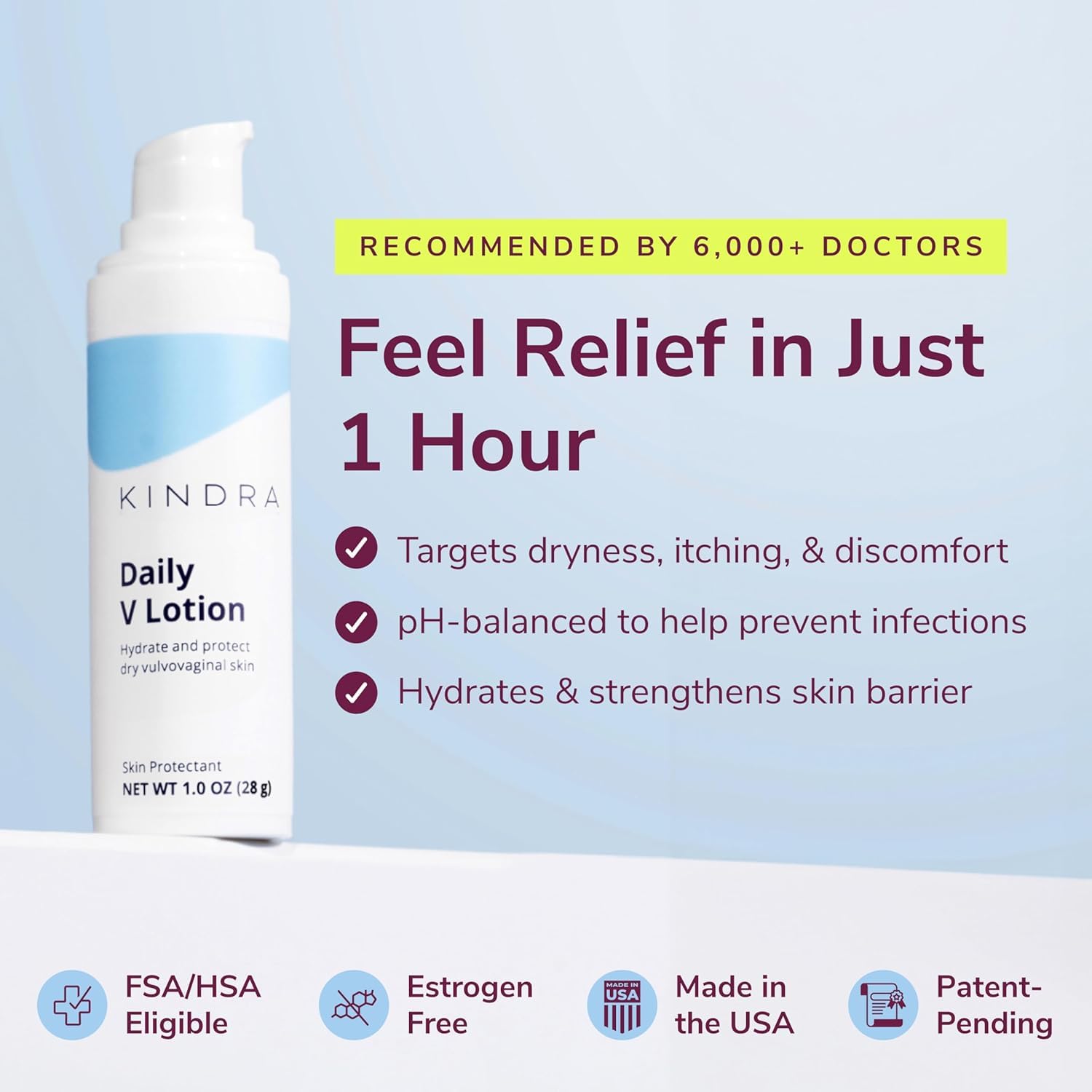 Kindra Daily V Moisturizer Lotion - Vaginal Cream For Vaginal Dryness, Feminine Care, Itch, Discomfort - Hormone Free, Gyn Tested, pH-balanced, Doctor Recommended - 60 Applications