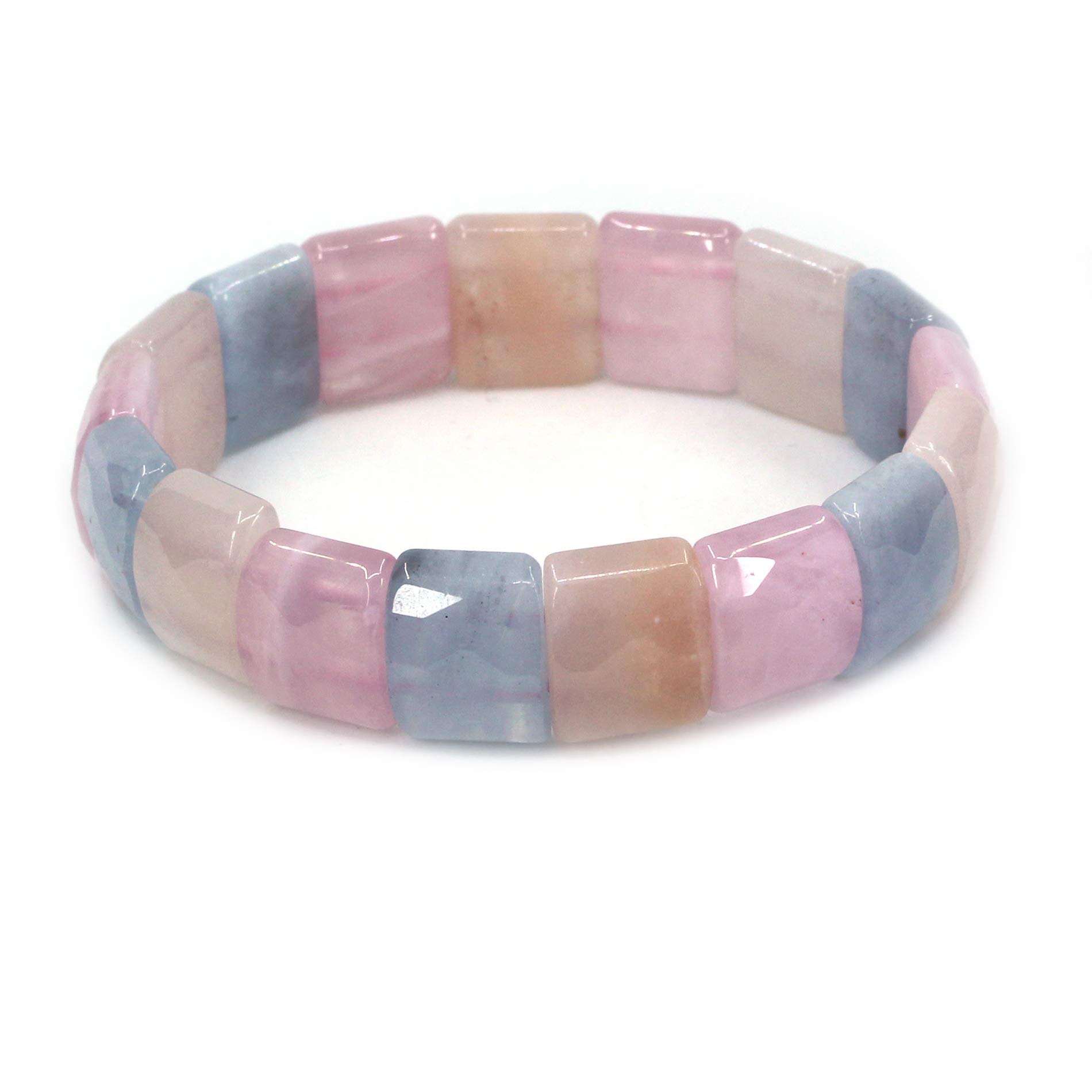 CHENYUE Natural Morganite Beryl Aquamarine Quartzite Gem Semi Precious Gemstone 15mm Faceted Square Grain Beads Stretch Bracelet 7.5 Inch