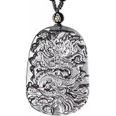 HLbshi Crystal Natural Black Obsidian Dragon Necklace Amulet Pendant Bead with Adjustable Chain