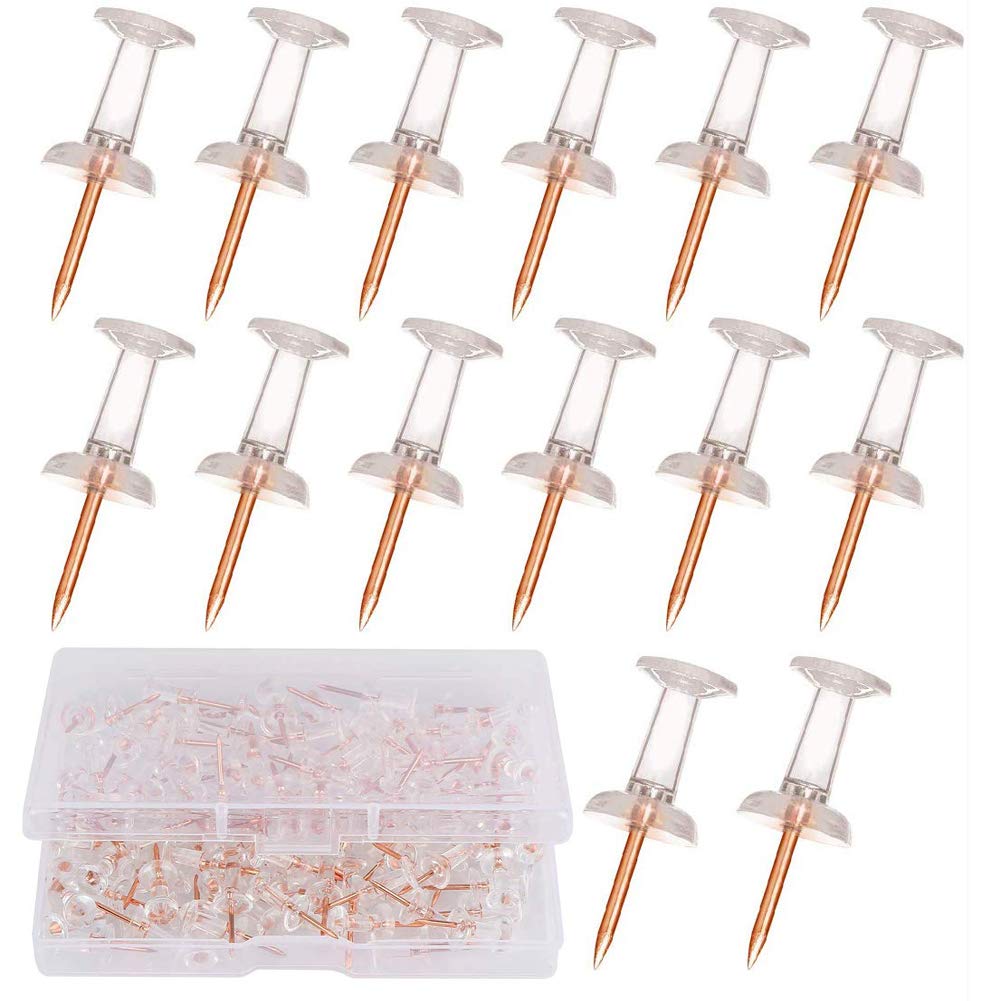 Push Pins Rose Gold Thumb Tacks Transparent Plastic Head and Gold Steel Point Tack Pins for Hanging Pictures, Posters, Documents, Tips, Bulletin Boards, Map Mark, with Box (100 Count)