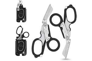 X.I. PRODUCTS Pack 2 | 6 in 1 Multifunctional Trauma Shears Foldable with Strap Cutter | Heavy Duty Stainless Steel Emergency Response Shears | Survival Shears With Holster | Medical Trauma shears Tactical | Black