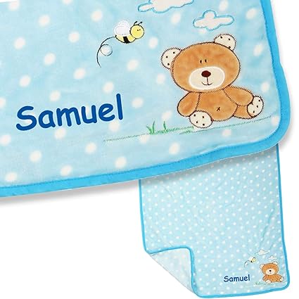 LALALO Teddy Bär Babydecke bestickt mit Namen in Blau für Mädchen & Jungen, Personalisierte Kuscheldecke mit Name für Babys a