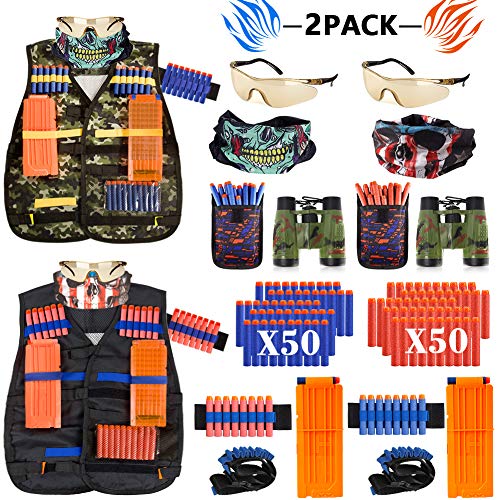 AILUKI 2 Pack Kids Tactical Vest Kit for Nerf Guns Game N-Strike Elite Series Wars with Refill Darts, Reload Clips, Dart Pouch, Tactical Mask, Wrist Band and Protective Glasses for Boys ,Girls