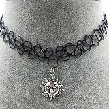 Longil Women Tattoo Choker Necklace with Yin Yang Bird Anchor Key Star Sun Moon Cross Hand Peace Torch Tree Wishborn Pendant (Sun Pendant)