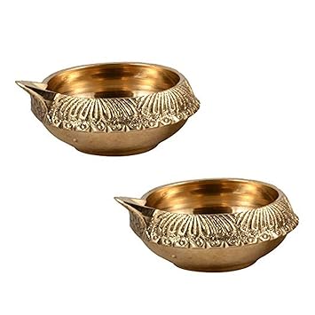 Hashcart Diya for Pooja Made of Pure Brass - Kuber Diya Diwali Decoration (Set of 2)- (Gold)