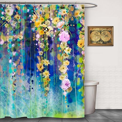 FOOG Floral Shower Curtain Art Painting Watercolour Spring Sets By Splash Fabric Mildew Resistant Waterproof with Hooks -Pink Yellow Aqua (70x78 inch)