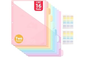 16 Pack Binder Dividers with Tab, Multicolor File Dividers for 3 Ring Binder with Two Pockets, Durable Plastic Write & Erase