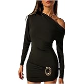 SOLY HUX Women's Off The Shoulder Mini Dress Long Sleeve Asymmetrical Neck Ruched Bodycon Dresses