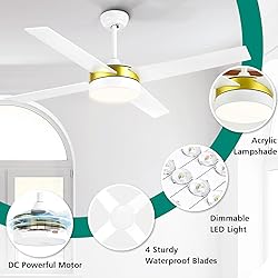 YITAHOME 52 Inch White Gold Ceiling Fans with Light