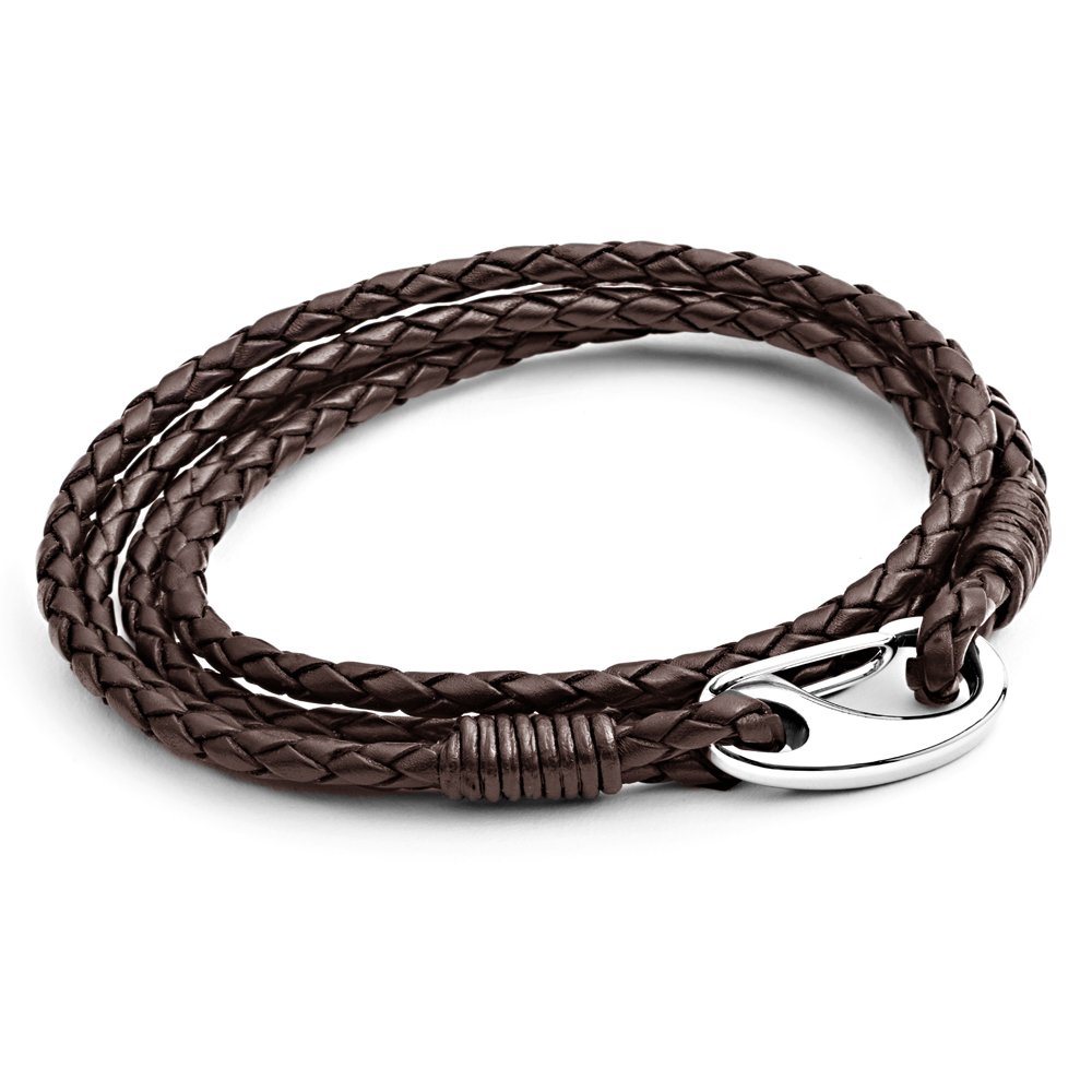 Men's Leather Bracelet, XL, Brown, Braided Double Wrap with Stainless Steel Shrimp Clasp, 23cm XL Size by Tribal Steel