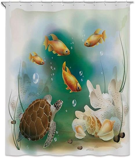 Amazon カメ シャワーカーテン 90 X 180cm 芸術的な海洋生物イラスト水族館熱帯動物金魚と貝殻 防カビ 防水 バス用品 プライバシー保護 取付簡単 多色 シャワーカーテン ホーム キッチン オンライン通販