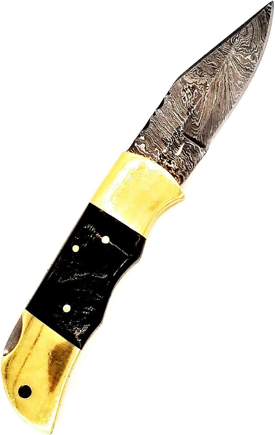 DKC Knives (13 5/18) Sale DKC-728 Golden STAG Rustic Stag Horn Damascus Steel Folding Pocket Knife Black-White Bone 6oz 7" Long 3" Blade