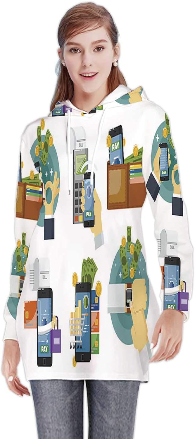 Pretty Lady - ing Pug While Working on -s in Home Office,Women's Sweatshirt Casual Long Sleeve Pullover Hoodie Dress