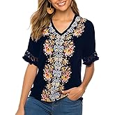 AK Women's Summer V Neck Boho Embroidered Mexican Shirts Short Sleeve Casual Tops Blouse