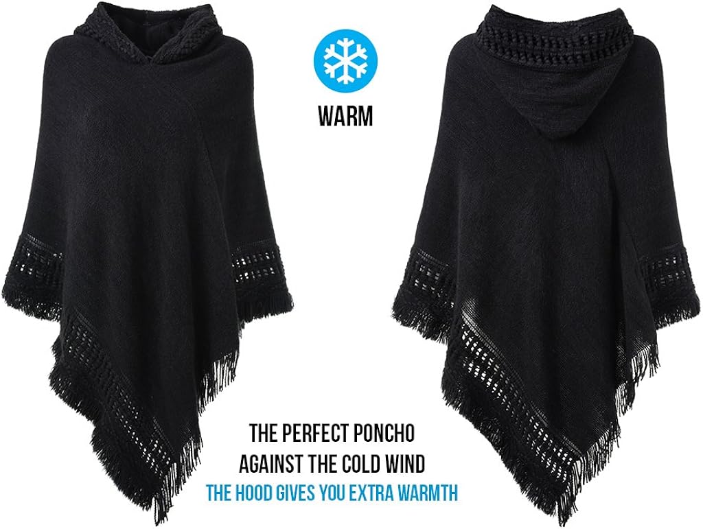 Ferand Ladies' Hooded Cape with Fringed Hem, Crochet Poncho Knitting Patterns for Women, Black at  Women’s Clothing store