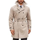 Runcati Mens Double Breasted Trench Coat Notched Lapel Windbreaker Jackets Causal Overcoat With Belt